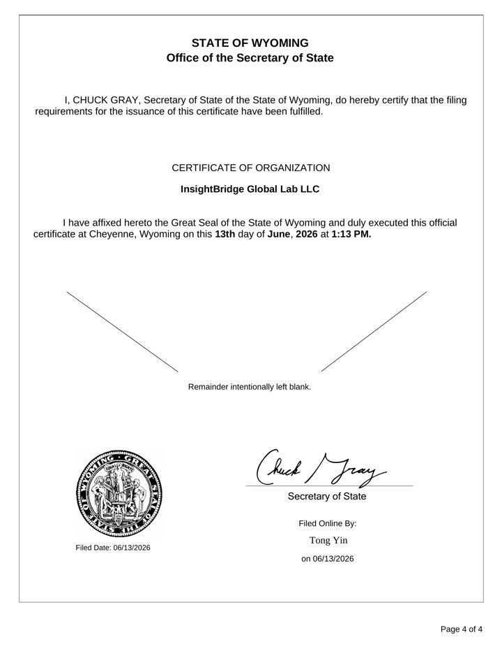 Certificate of Organization — InsightBridge Global Lab LLC, signed by Wyoming Secretary of State Chuck Gray